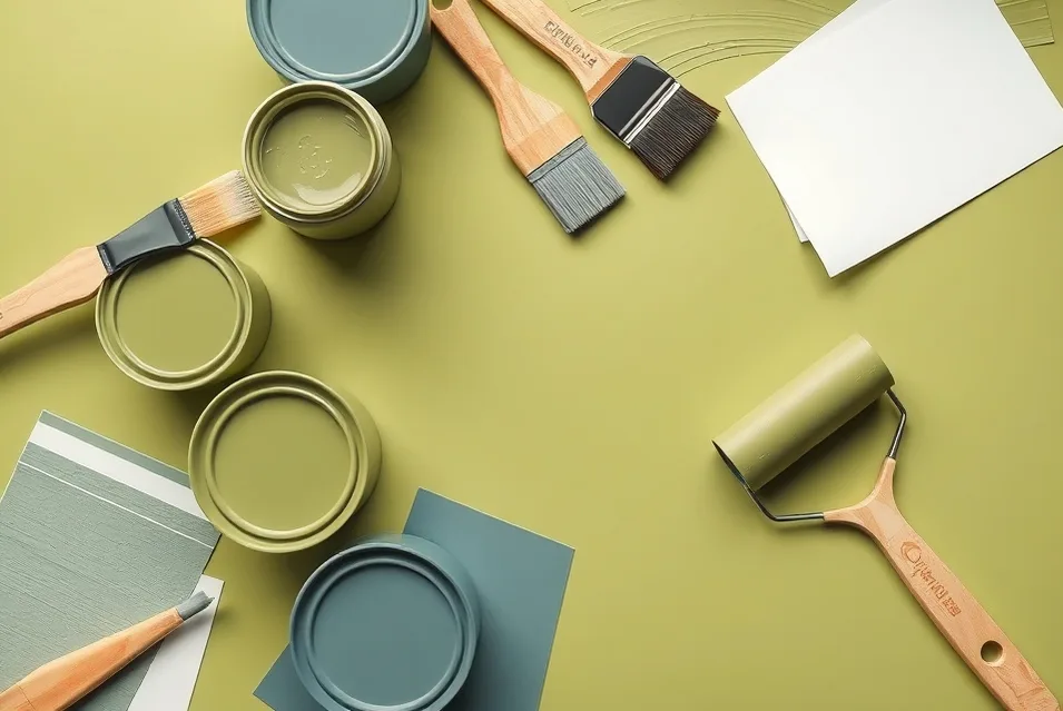 Pots de peinture, nuancier, brosses et rouleaux disposés à plat
