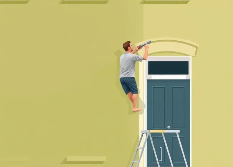 Peintre sur échafaudage traitant la façade d'une maison